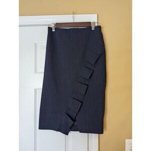 Express Pinstripe Ruffle Front Midi Pencil Skirt Size Small Navy Blue NWT Office